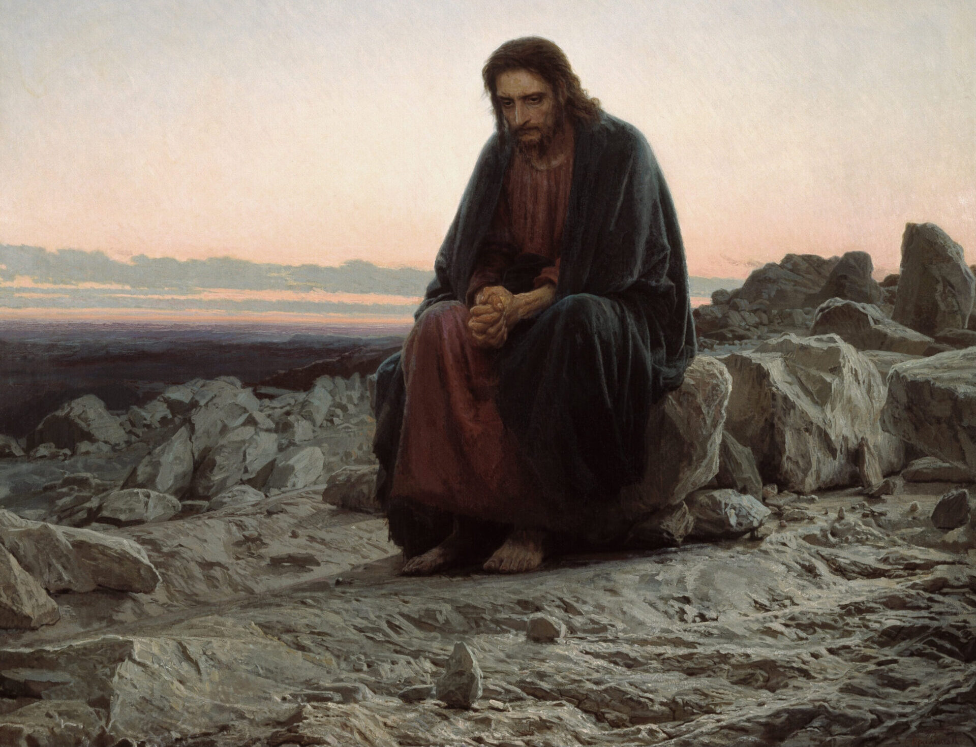 Jesus’ temptation in the wilderness — Ivan Kramskoi’s 1872 painting Christ in the Wilderness, dawn desert scene.