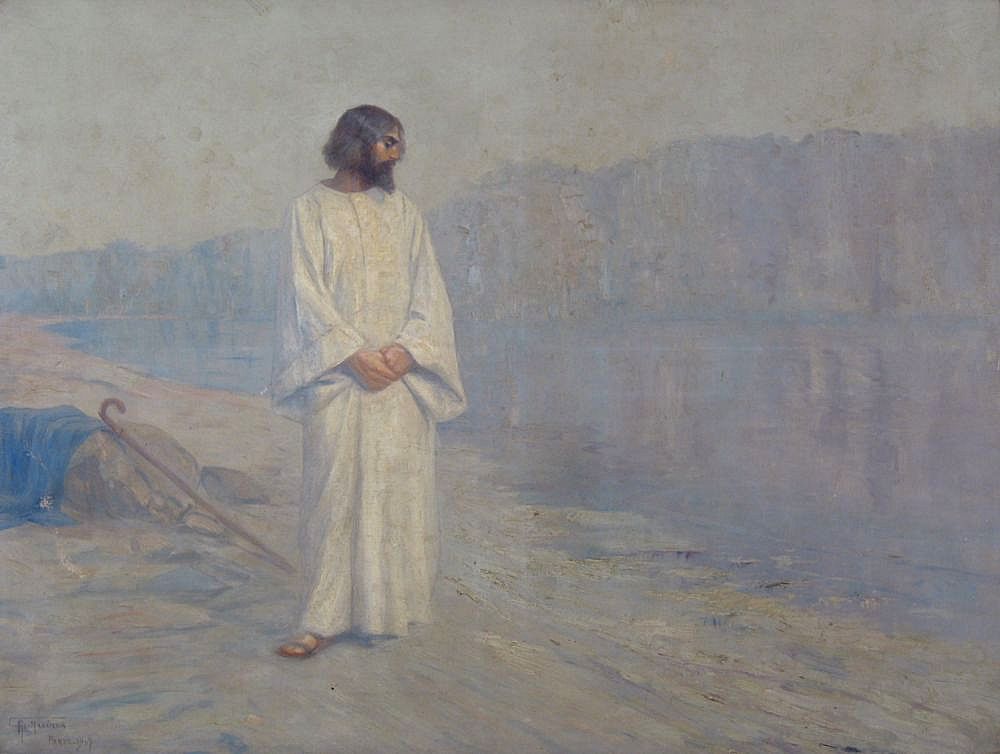 Painting of Jesus in white robes standing by the water, symbolizing reflection before sacrifice, by Antônio Parreiras.