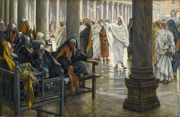 Painting by James Tissot of Jesus confronting the Pharisees for their hypocrisy in the temple courts.