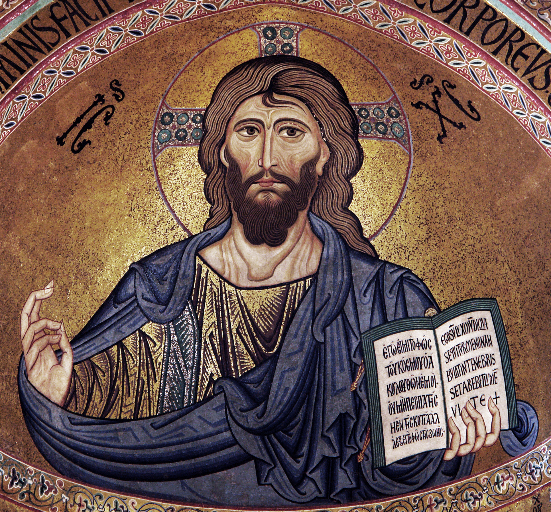 Byzantine mosaic of Christ Pantocrator at Cefalù Cathedral in Sicily.
