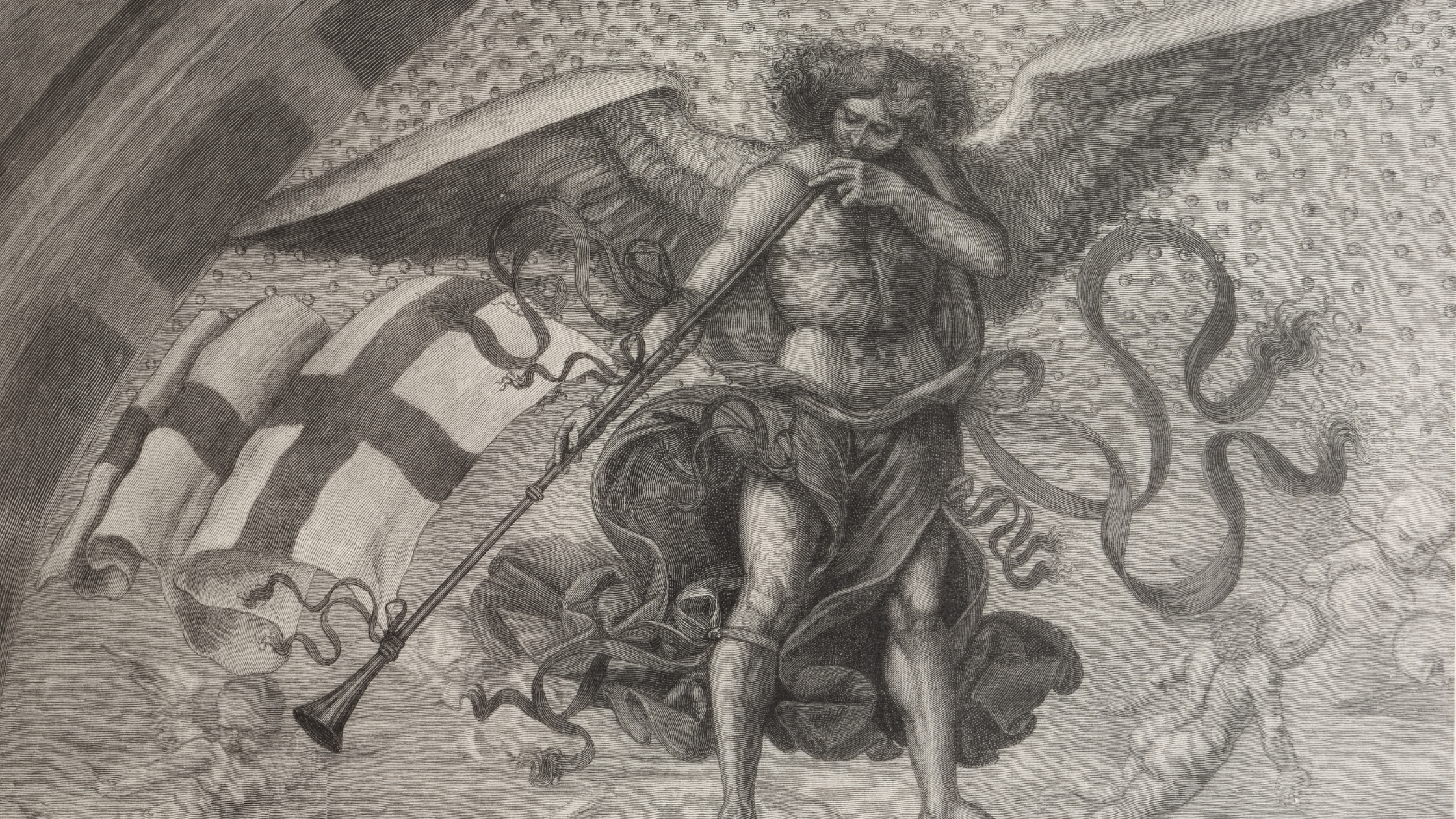 Christian artwork of an angel with a trumpet, illustrating the prophetic themes of end-times prophecy in the Book of Revelation