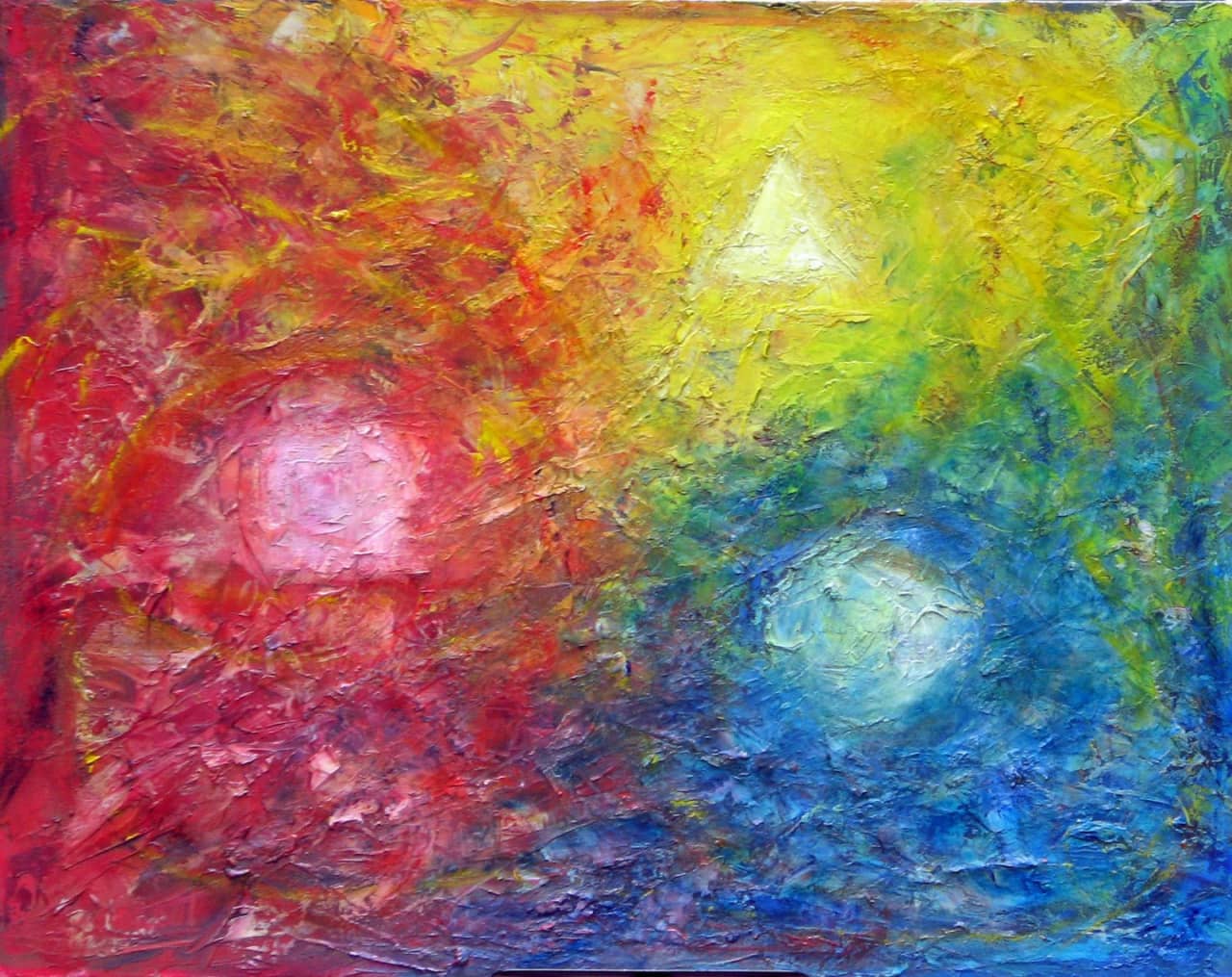Abstract modern art painting symbolizing the Trinity with a white triangle in yellow light (top), a glowing red circle (left), and a white-blue sphere (right), blending into each other with textured brushstrokes.