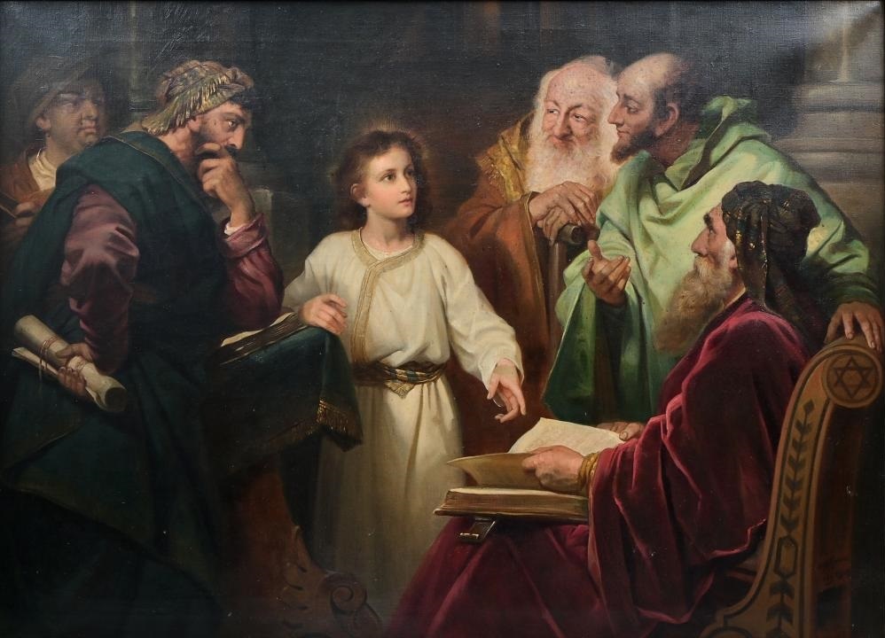 Painting of young Jesus in the Temple speaking with Jewish teachers, showing His wisdom and understanding at twelve years old.