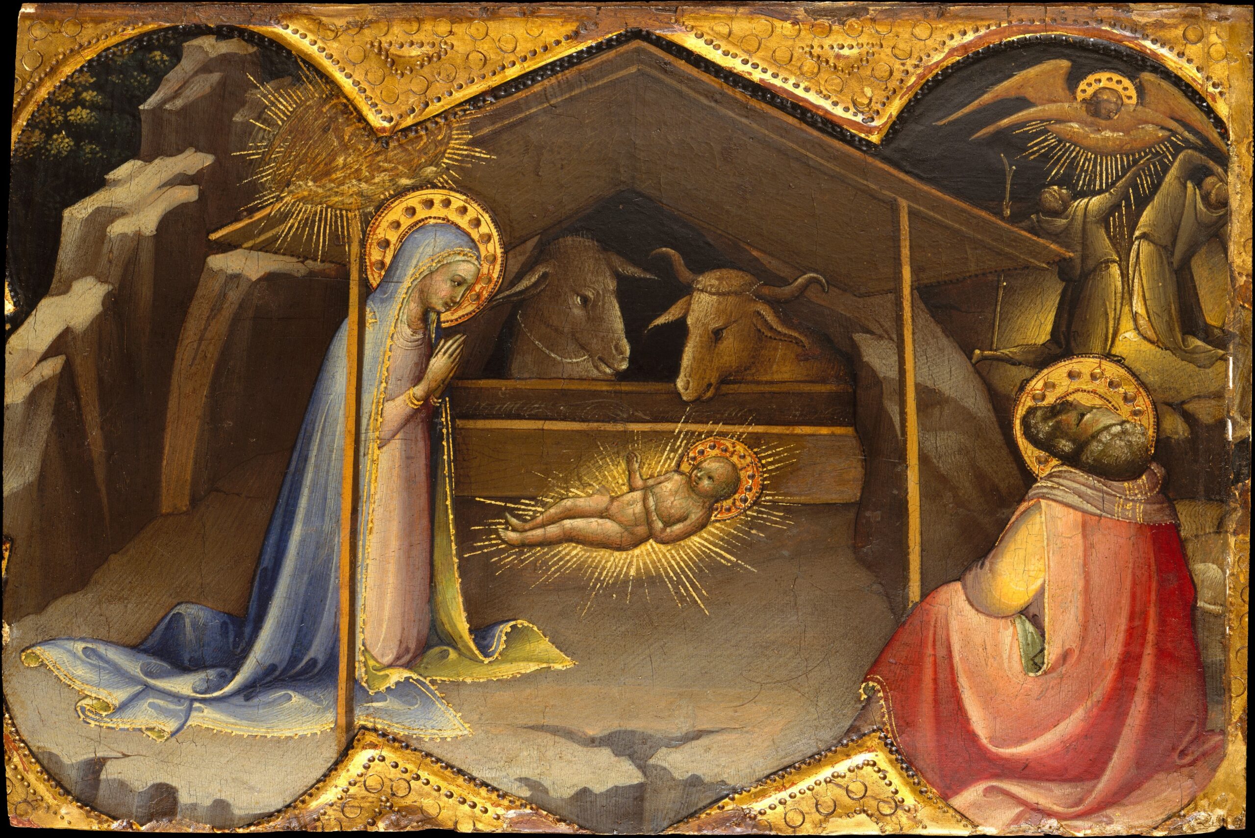 Painting of the Nativity by Lorenzo Monaco, showing Mary, Joseph, and baby Jesus in the manger with animals (Luke 2:1–20)